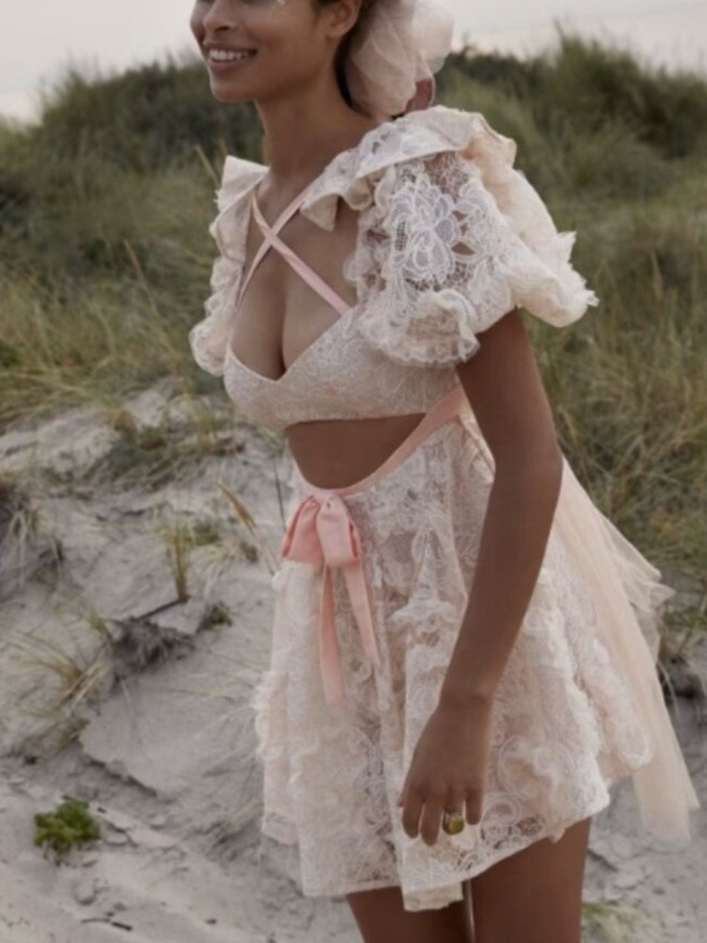 For Love & Lemons NWT Meredith Puff Sleeve Lace Embroidered Cut Out Bow Dress